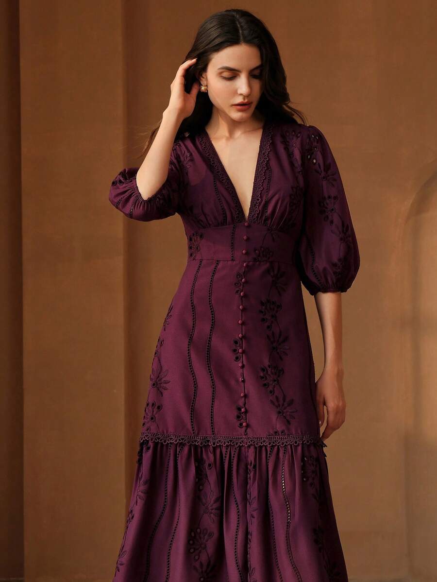 Anewsta Vestido Longo Elegante Bordado em Renda com Fenda e Decote em V, Perfeito para Férias, Ano Novo, Dia dos Namorados, Praia de Verão