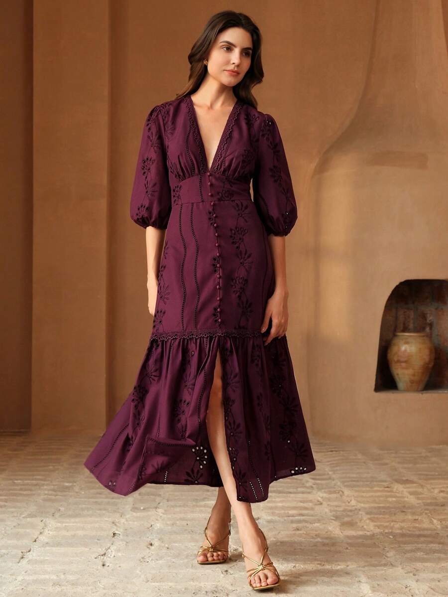 Anewsta Vestido Longo Elegante Bordado em Renda com Fenda e Decote em V, Perfeito para Férias, Ano Novo, Dia dos Namorados, Praia de Verão