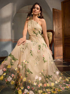 ZEYLAH Vestido Assimétrico de Renda Bordada com Flor 3D para Festa Elegante Feminino