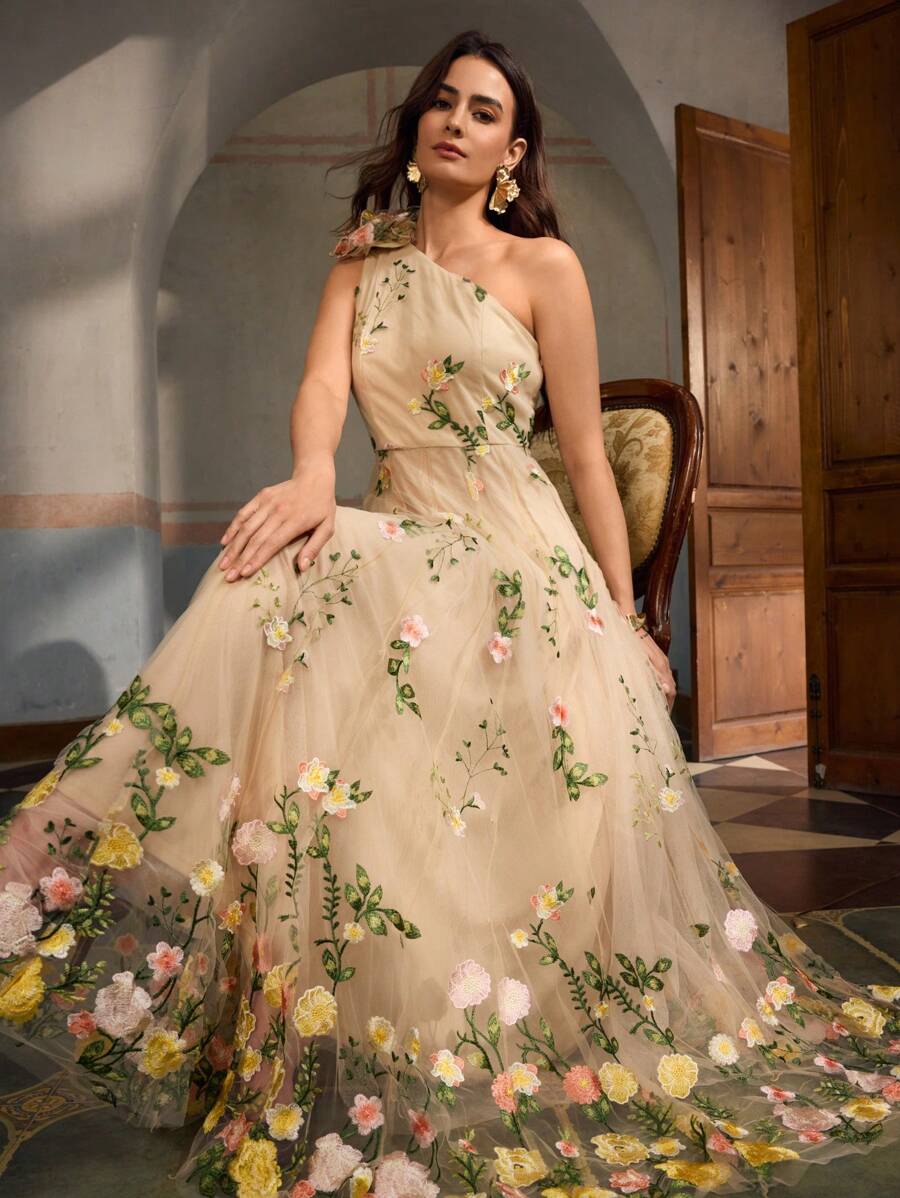 ZEYLAH Vestido Assimétrico de Renda Bordada com Flor 3D para Festa Elegante Feminino