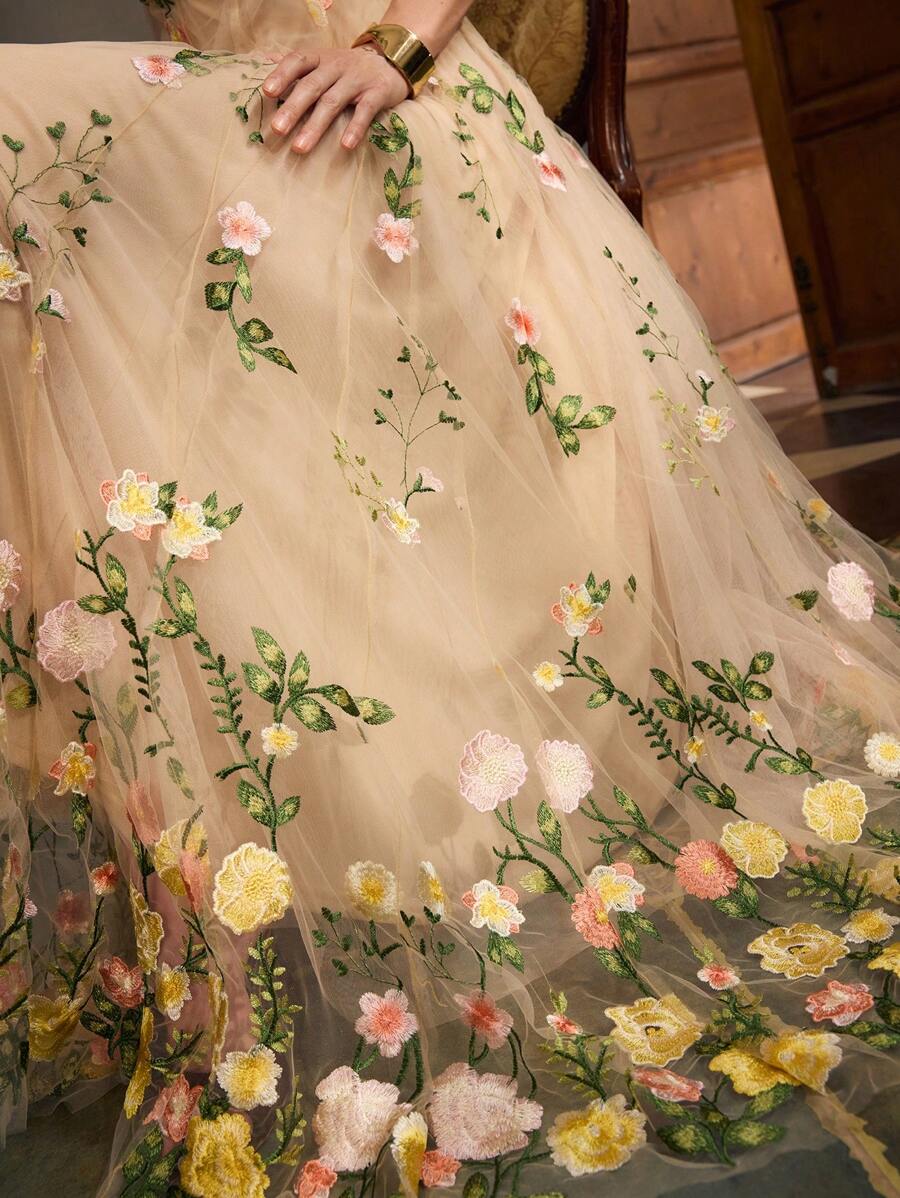 ZEYLAH Vestido Assimétrico de Renda Bordada com Flor 3D para Festa Elegante Feminino