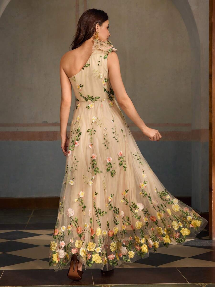 ZEYLAH Vestido Assimétrico de Renda Bordada com Flor 3D para Festa Elegante Feminino