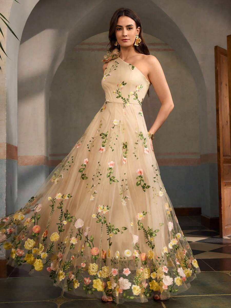 ZEYLAH Vestido Assimétrico de Renda Bordada com Flor 3D para Festa Elegante Feminino