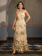 ZEYLAH Vestido Assimétrico de Renda Bordada com Flor 3D para Festa Elegante Feminino