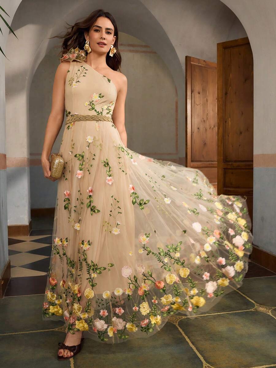 ZEYLAH Vestido Assimétrico de Renda Bordada com Flor 3D para Festa Elegante Feminino