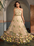 ZEYLAH Vestido Assimétrico de Renda Bordada com Flor 3D para Festa Elegante Feminino