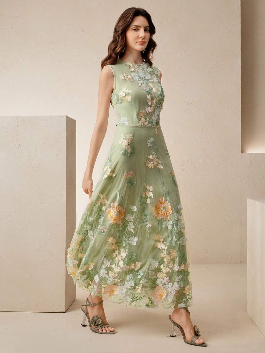Anewsta Vestido Floral Bordado Sem Mangas Feminino, Elegante e Chique para Férias, Festivais, Páscoa, Vestido de Convidado de Casamento, Primavera/Verão