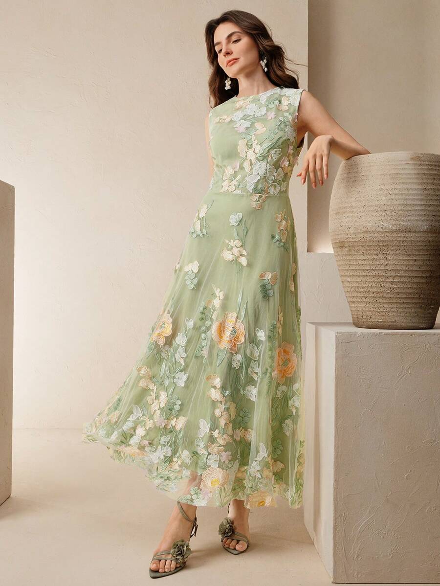 Anewsta Vestido Floral Bordado Sem Mangas Feminino, Elegante e Chique para Férias, Festivais, Páscoa, Vestido de Convidado de Casamento, Primavera/Verão