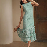 Anewsta Vestido Elegante de Pescoço Redondo de Renda com Splice Vazado, Primavera e Verão