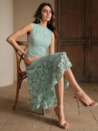 Anewsta Vestido Elegante de Pescoço Redondo de Renda com Splice Vazado, Primavera e Verão