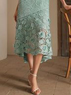 Anewsta Vestido Elegante de Pescoço Redondo de Renda com Splice Vazado, Primavera e Verão