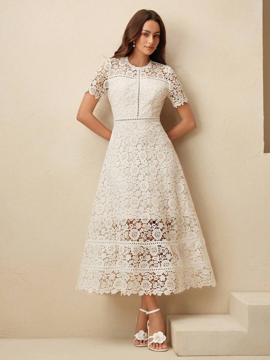 Anewsta Vestido Feminino de Manga Curta Bege com Painel Plissado, Splice de Renda Elegante e Gracioso