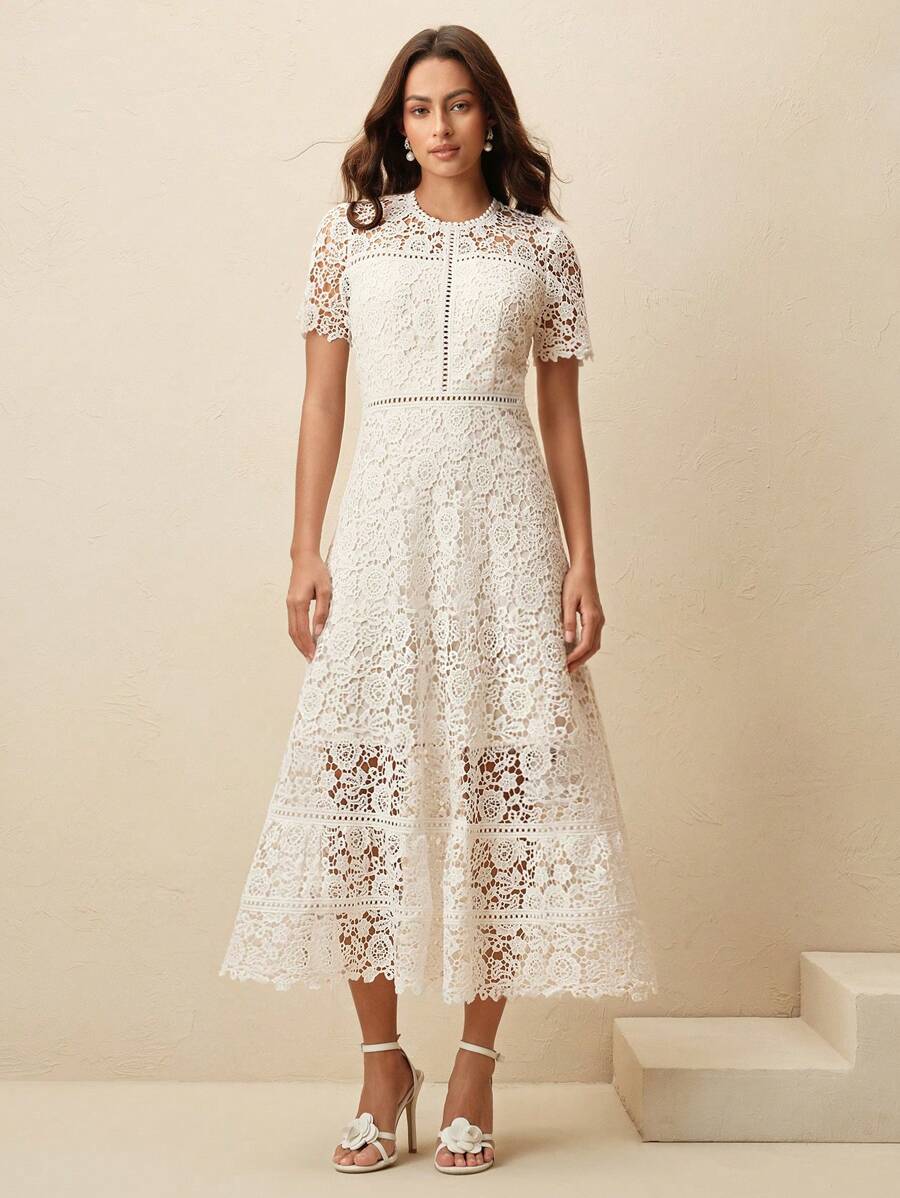 Anewsta Vestido Feminino de Manga Curta Bege com Painel Plissado, Splice de Renda Elegante e Gracioso