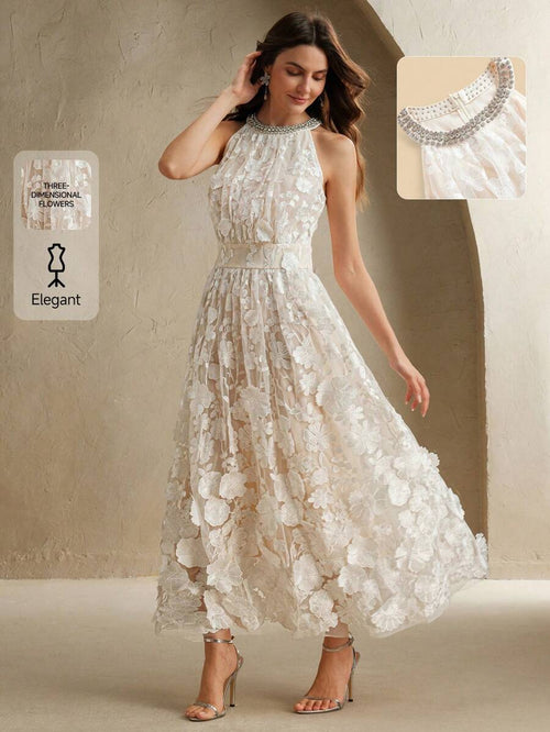 Anewsta Novo Vestido Longo Elegante Feminino com Cintura Marcada e Decote em V Embelezado com Flores 3D, Adequado para Verão, Festivais, Elegante, Férias, Festa, Convidado de Casamento