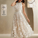 Anewsta Novo Vestido Longo Elegante Feminino com Cintura Marcada e Decote em V Embelezado com Flores 3D, Adequado para Verão, Festivais, Elegante, Férias, Festa, Convidado de Casamento