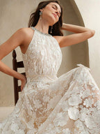 Anewsta Novo Vestido Longo Elegante Feminino com Cintura Marcada e Decote em V Embelezado com Flores 3D, Adequado para Verão, Festivais, Elegante, Férias, Festa, Convidado de Casamento