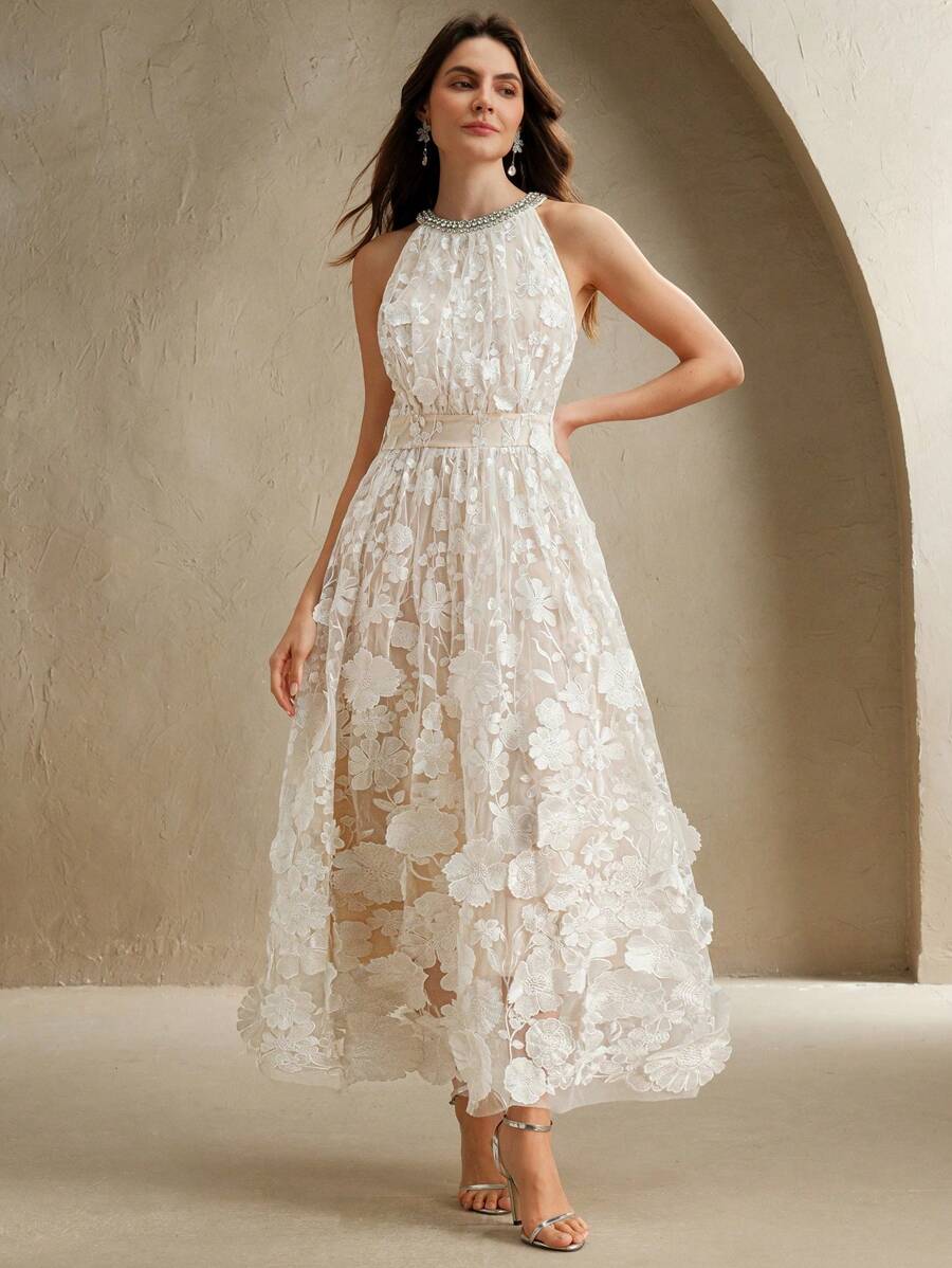 Anewsta Novo Vestido Longo Elegante Feminino com Cintura Marcada e Decote em V Embelezado com Flores 3D, Adequado para Verão, Festivais, Elegante, Férias, Festa, Convidado de Casamento