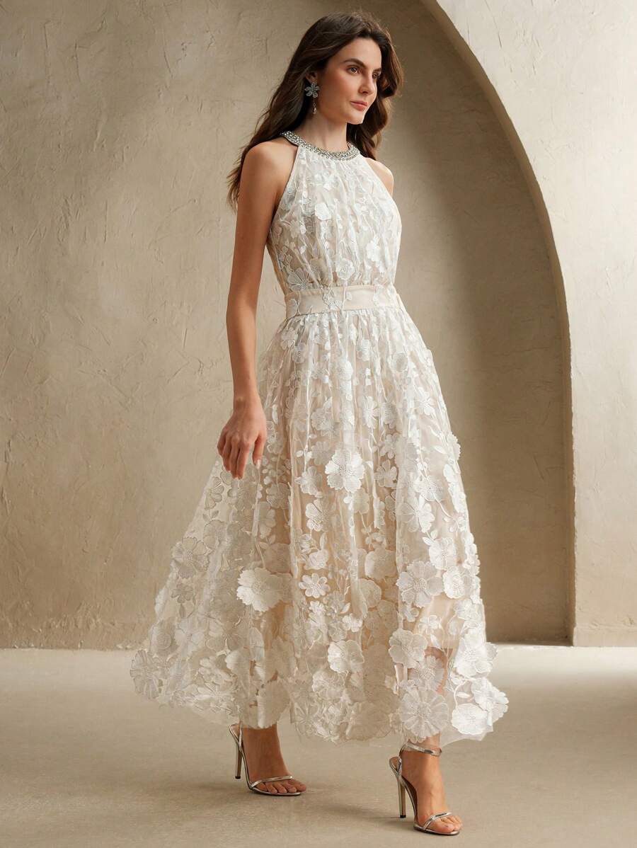 Anewsta Novo Vestido Longo Elegante Feminino com Cintura Marcada e Decote em V Embelezado com Flores 3D, Adequado para Verão, Festivais, Elegante, Férias, Festa, Convidado de Casamento