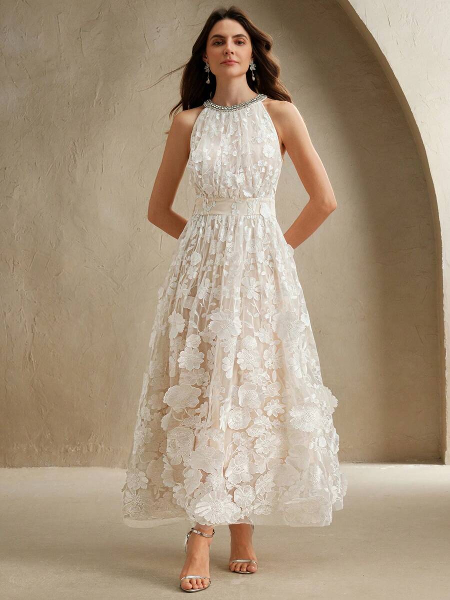 Anewsta Novo Vestido Longo Elegante Feminino com Cintura Marcada e Decote em V Embelezado com Flores 3D, Adequado para Verão, Festivais, Elegante, Férias, Festa, Convidado de Casamento