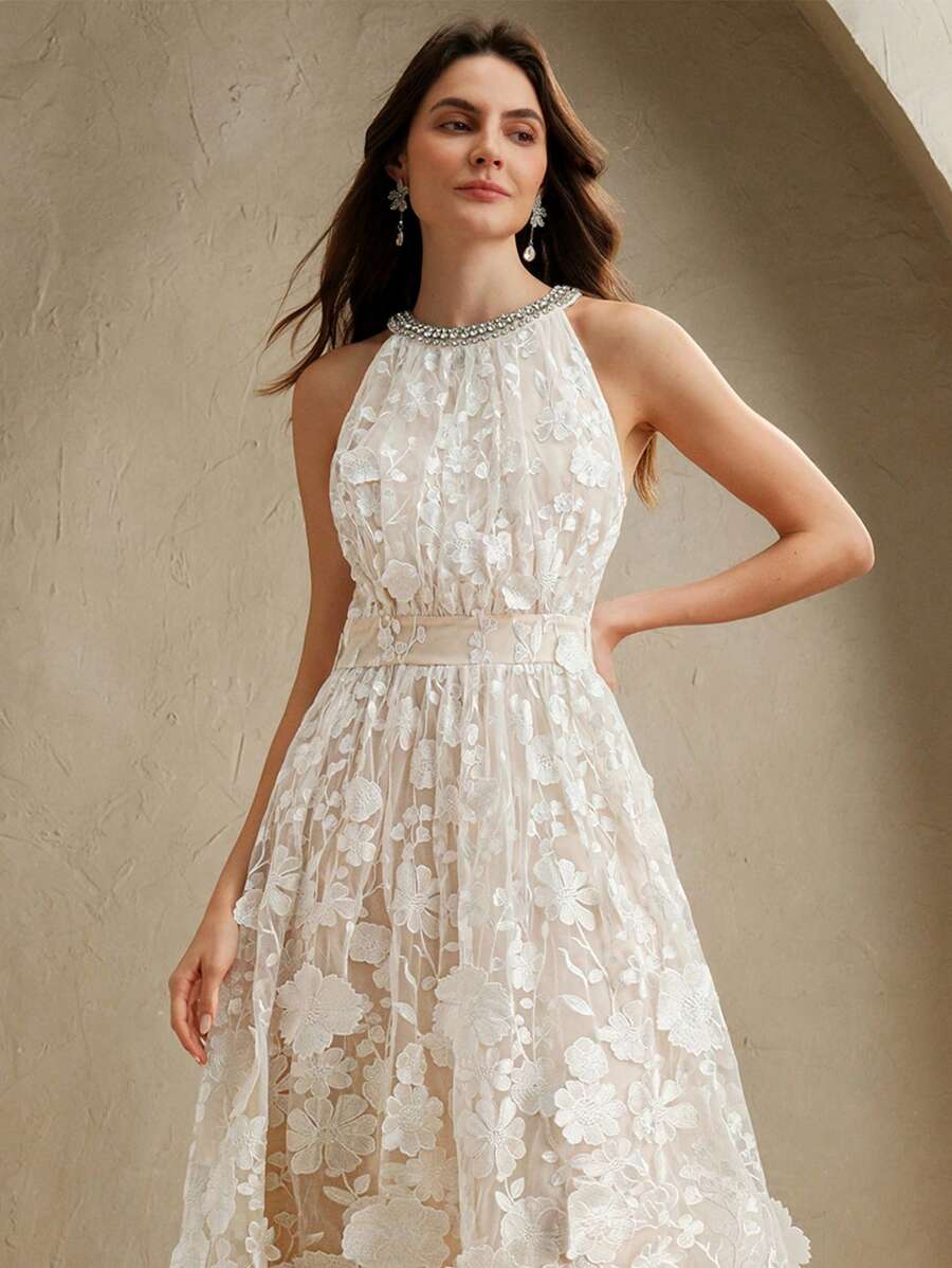 Anewsta Novo Vestido Longo Elegante Feminino com Cintura Marcada e Decote em V Embelezado com Flores 3D, Adequado para Verão, Festivais, Elegante, Férias, Festa, Convidado de Casamento