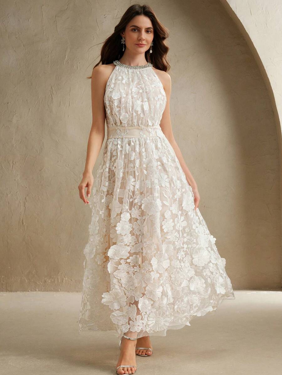 Anewsta Novo Vestido Longo Elegante Feminino com Cintura Marcada e Decote em V Embelezado com Flores 3D, Adequado para Verão, Festivais, Elegante, Férias, Festa, Convidado de Casamento