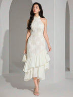 Heiryn Vestido midi elegante feminino com decote halter, bainha em babado e patch de jacquard