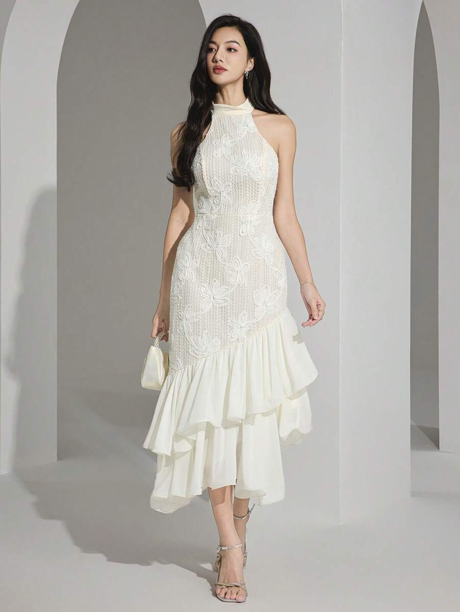 Heiryn Vestido midi elegante feminino com decote halter, bainha em babado e patch de jacquard