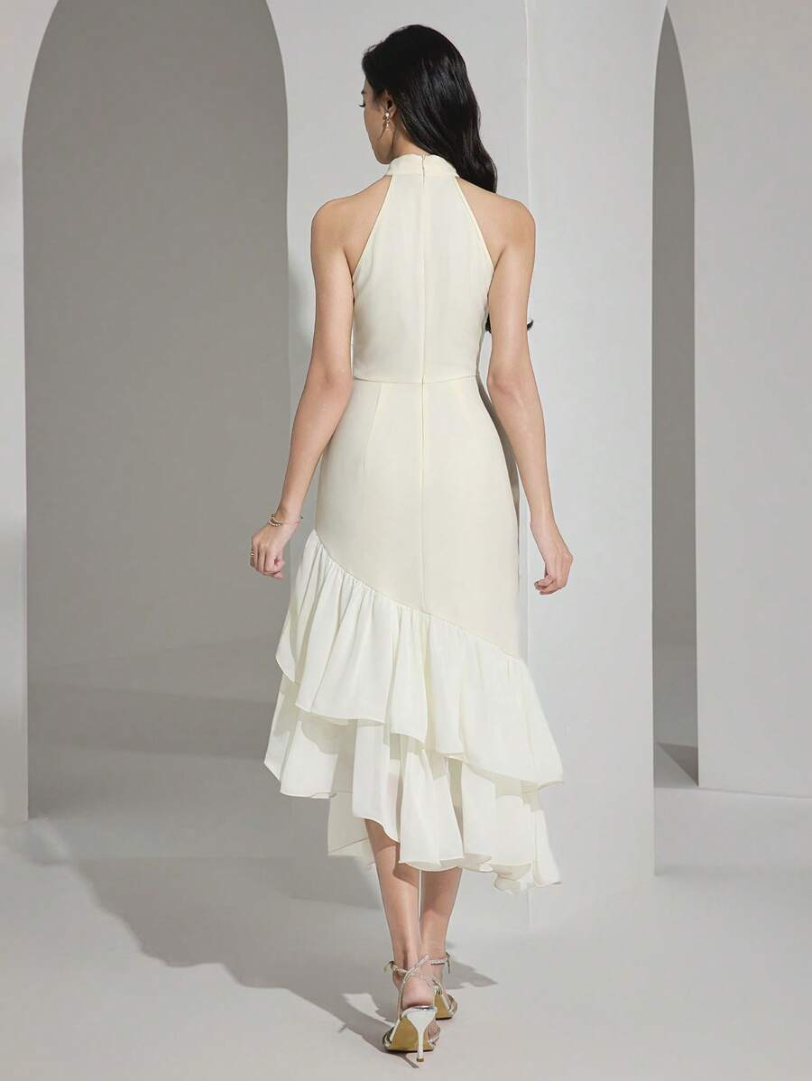 Heiryn Vestido midi elegante feminino com decote halter, bainha em babado e patch de jacquard