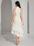 Heiryn Vestido midi elegante feminino com decote halter, bainha em babado e patch de jacquard