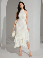 Heiryn Vestido midi elegante feminino com decote halter, bainha em babado e patch de jacquard