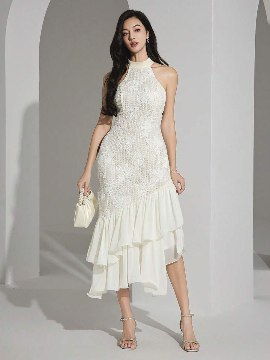 Heiryn Vestido midi elegante feminino com decote halter, bainha em babado e patch de jacquard