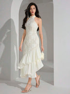 Heiryn Vestido midi elegante feminino com decote halter, bainha em babado e patch de jacquard