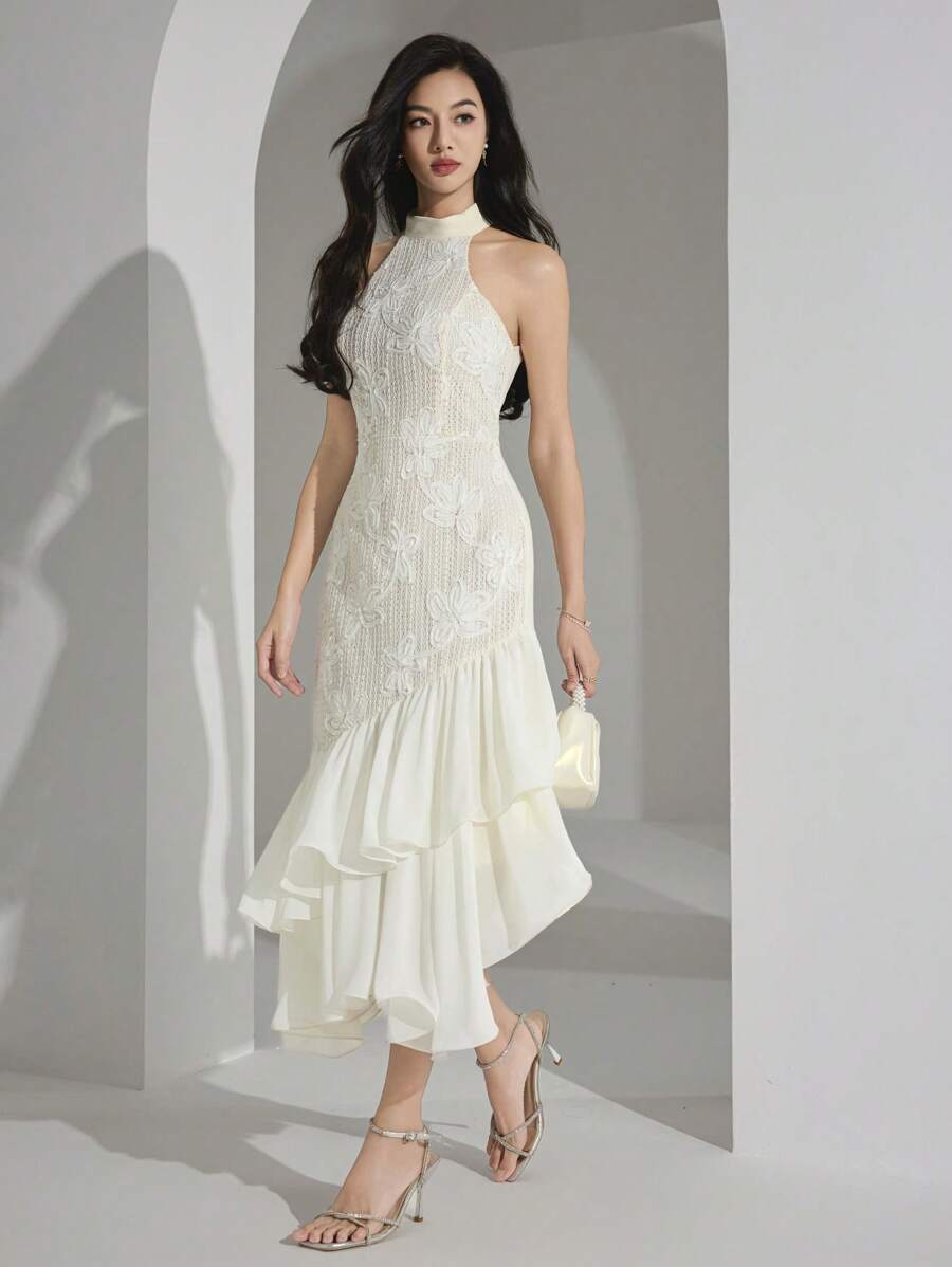 Heiryn Vestido midi elegante feminino com decote halter, bainha em babado e patch de jacquard