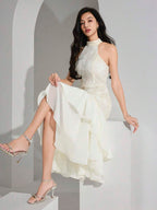 Heiryn Vestido midi elegante feminino com decote halter, bainha em babado e patch de jacquard