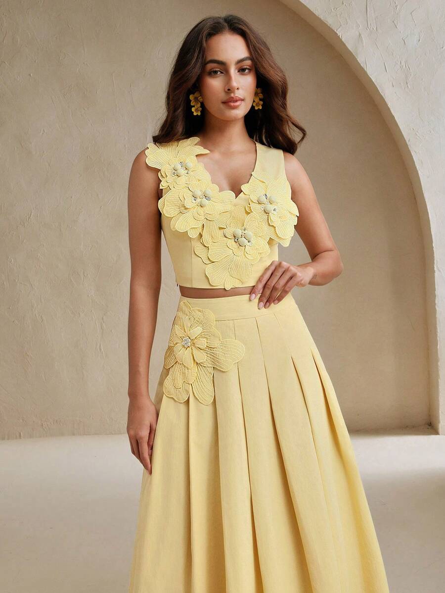 Anewsta Conjunto de 2 peças Top Alcinha e Saia com Decoração Floral 3D Elegante, Verão