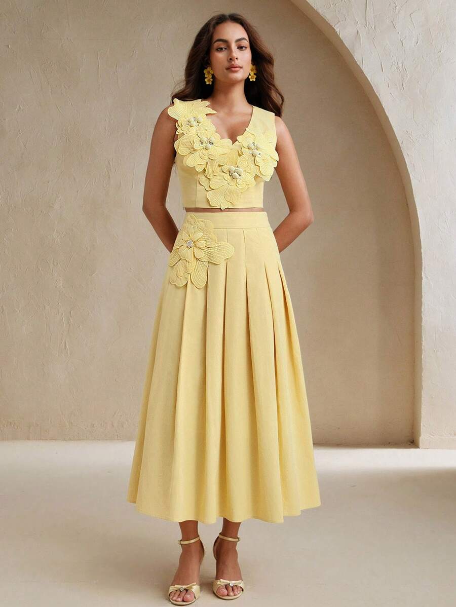 Anewsta Conjunto de 2 peças Top Alcinha e Saia com Decoração Floral 3D Elegante, Verão