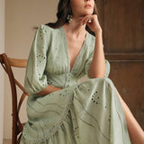 Anewsta Vestido Longo Elegante Bordado em Renda com Fenda e Decote em V, Perfeito para Férias, Ano Novo, Dia dos Namorados, Praia de Verão