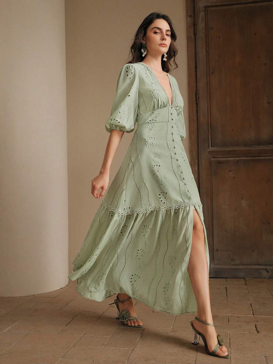 Anewsta Vestido Longo Elegante Bordado em Renda com Fenda e Decote em V, Perfeito para Férias, Ano Novo, Dia dos Namorados, Praia de Verão