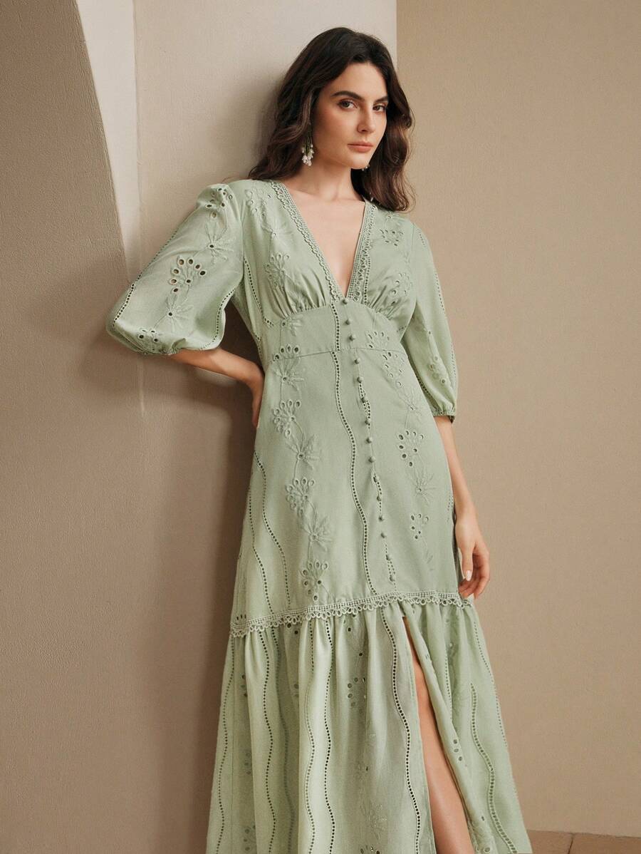 Anewsta Vestido Longo Elegante Bordado em Renda com Fenda e Decote em V, Perfeito para Férias, Ano Novo, Dia dos Namorados, Praia de Verão