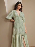 Anewsta Vestido Longo Elegante Bordado em Renda com Fenda e Decote em V, Perfeito para Férias, Ano Novo, Dia dos Namorados, Praia de Verão