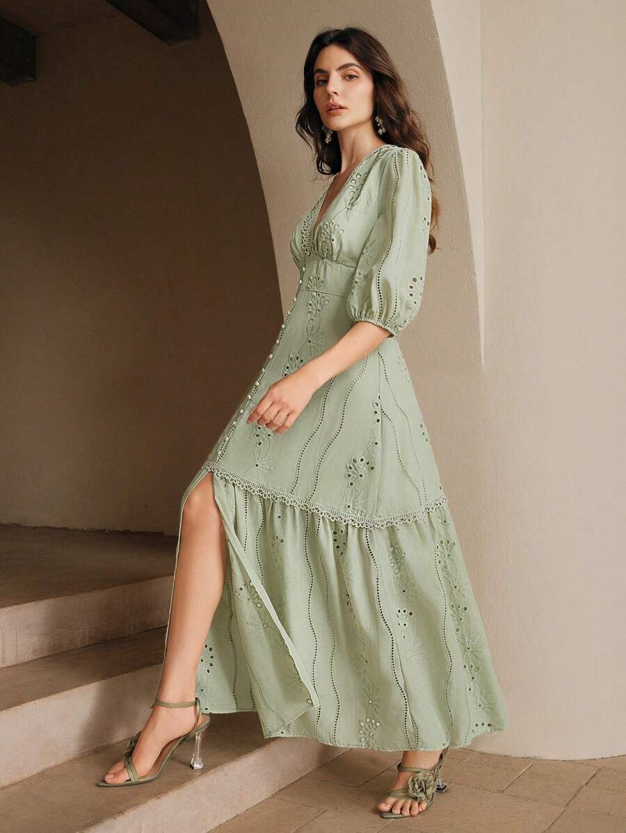 Anewsta Vestido Longo Elegante Bordado em Renda com Fenda e Decote em V, Perfeito para Férias, Ano Novo, Dia dos Namorados, Praia de Verão
