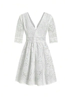 Amorya Vestido Branco Estilo A-Line Elegante Com Decote em V Bordado, Novo Estilo da Moda para Mulheres