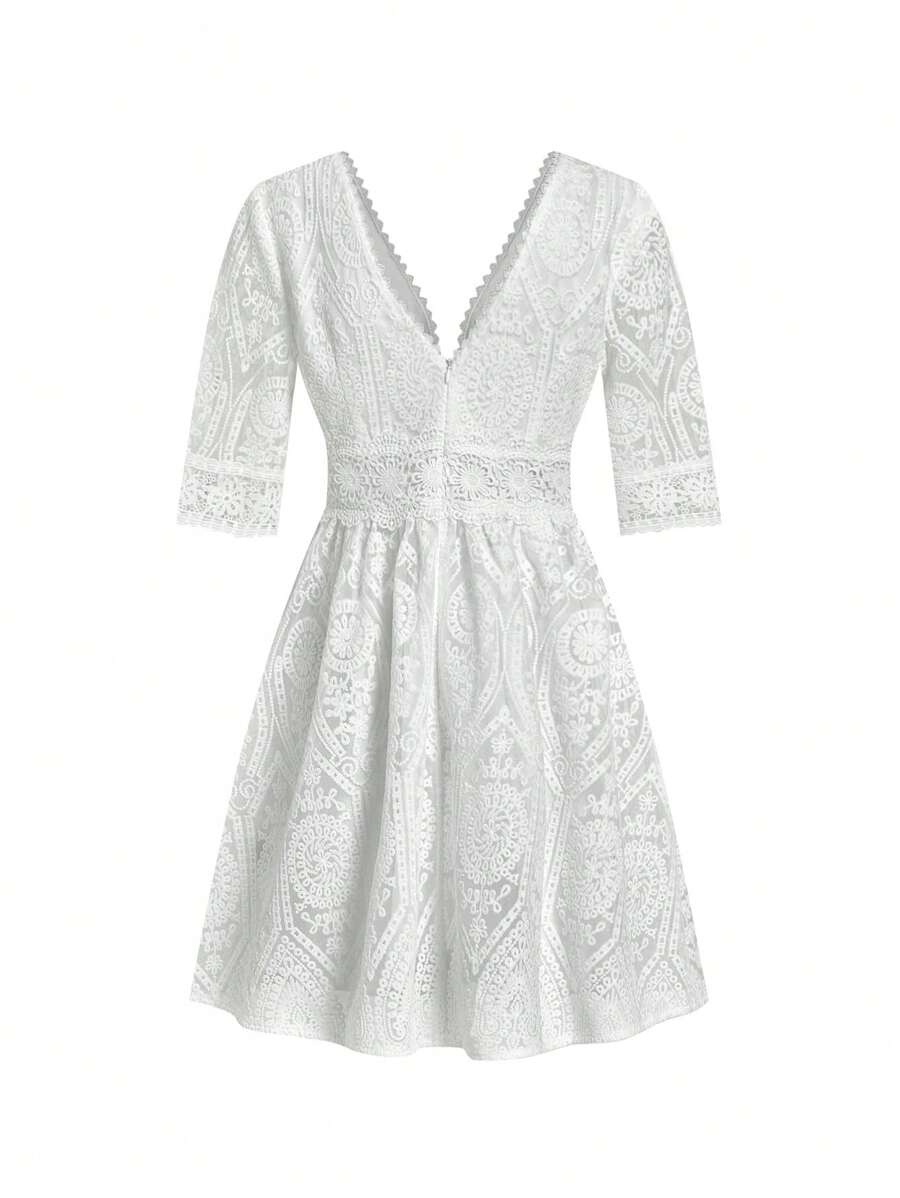 Amorya Vestido Branco Estilo A-Line Elegante Com Decote em V Bordado, Novo Estilo da Moda para Mulheres