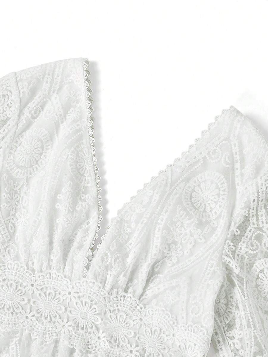 Amorya Vestido Branco Estilo A-Line Elegante Com Decote em V Bordado, Novo Estilo da Moda para Mulheres