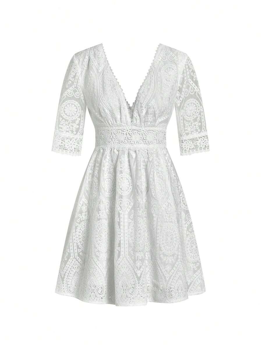 Amorya Vestido Branco Estilo A-Line Elegante Com Decote em V Bordado, Novo Estilo da Moda para Mulheres