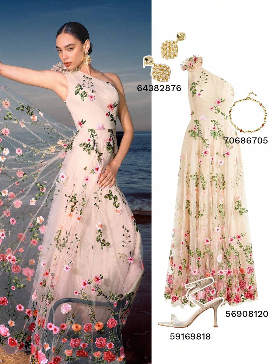 ZEYLAH Vestido Assimétrico de Renda Bordada com Flor 3D para Festa Elegante Feminino