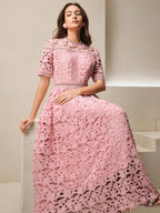 Anewsta Vestido Elegante Feminino de Gola Redonda, Manga Curta, Cintura Recortada com Renda Bordada