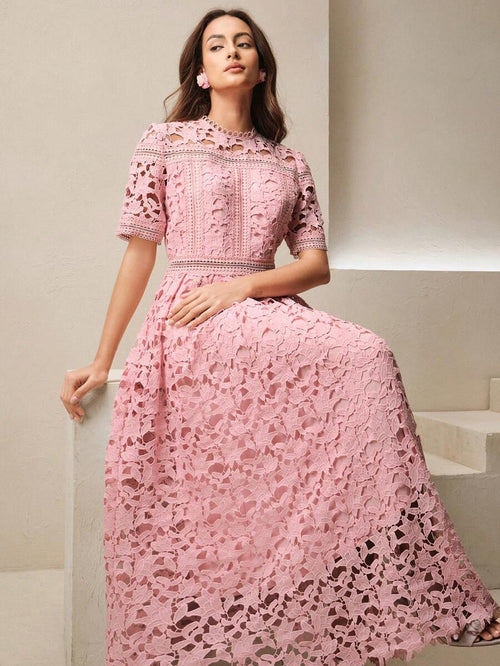 Anewsta Vestido Elegante Feminino de Gola Redonda, Manga Curta, Cintura Recortada com Renda Bordada