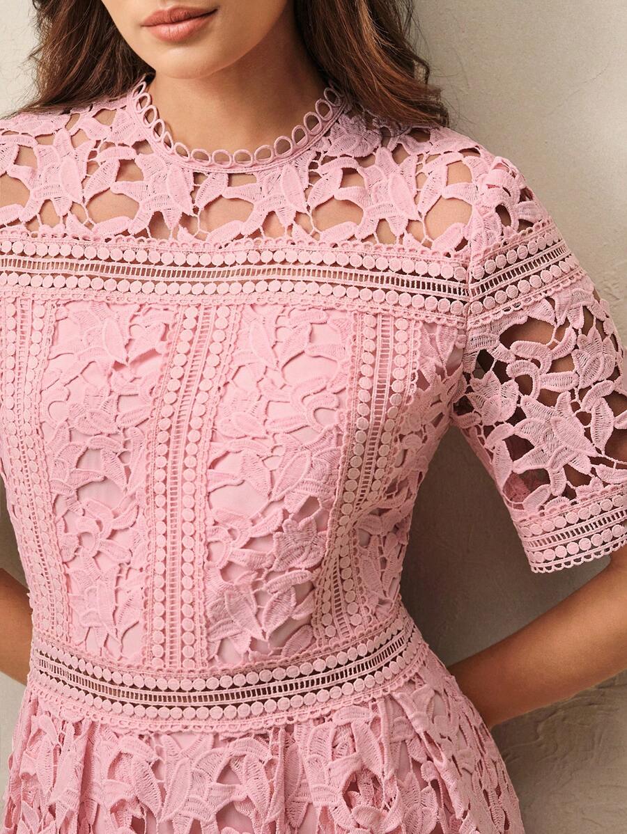 Anewsta Vestido Elegante Feminino de Gola Redonda, Manga Curta, Cintura Recortada com Renda Bordada