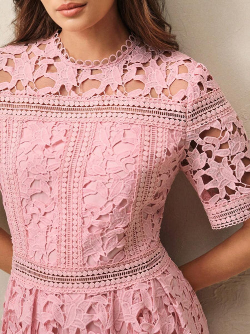 Anewsta Vestido Elegante Feminino de Gola Redonda, Manga Curta, Cintura Recortada com Renda Bordada